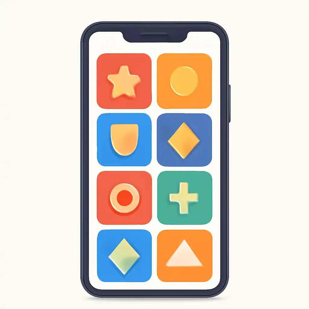 Smartphone shown from the front displaying a colourful flat layout of abstract game icons and rounded tiles, IN999 Game