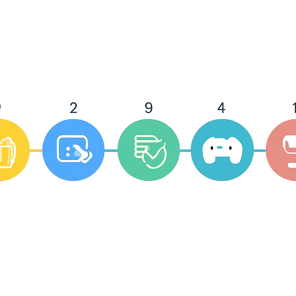 Five numbered circular icons connected by arrows in a horizontal flow, IN999 Game steps