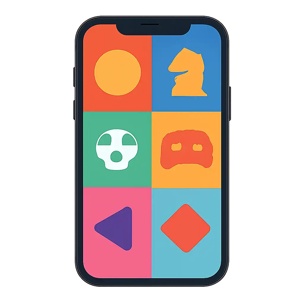 Smartphone shown from the front displaying a colourful flat layout of abstract game icons and rounded tiles, In999 Game