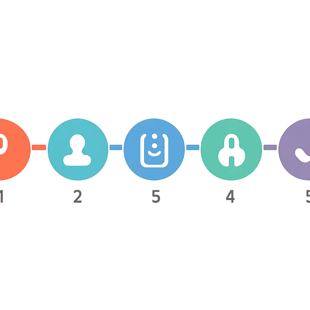 Five numbered circular icons connected by arrows in a horizontal flow, In999 Game Login & Registration steps