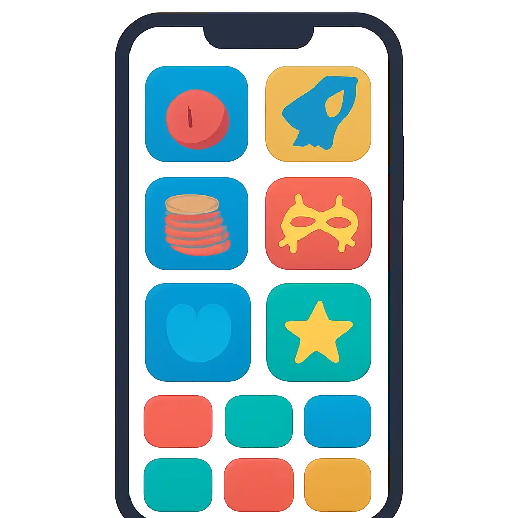 Smartphone shown from the front displaying a colourful flat layout of abstract game icons and rounded tiles, In999 Game