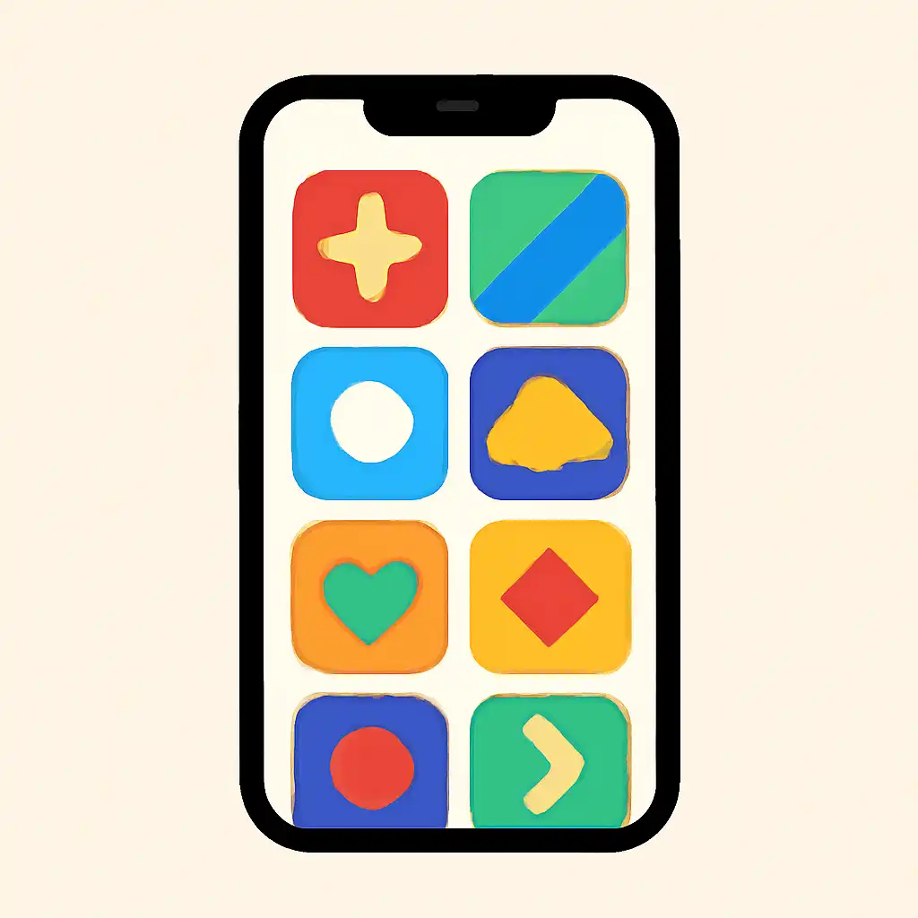 Smartphone shown from the front displaying a colourful flat layout of abstract game icons and rounded tiles, In999 Game