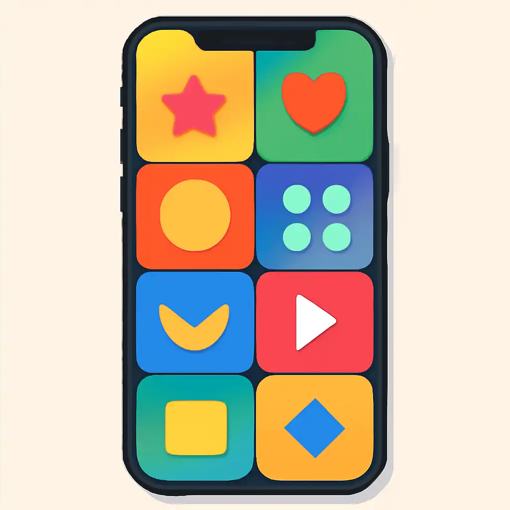 Smartphone shown from the front displaying a colourful flat layout of abstract game icons and rounded tiles, In999 Game