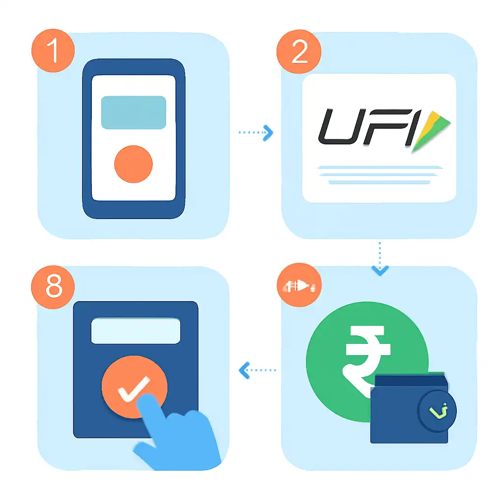 Annotated step diagram: In999 Game UPI Deposit Guide process with numbered callouts