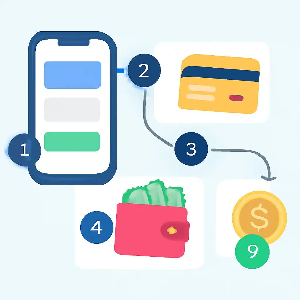 Annotated step diagram: In999 Game Payment Methods Supported in India process with numbered callouts