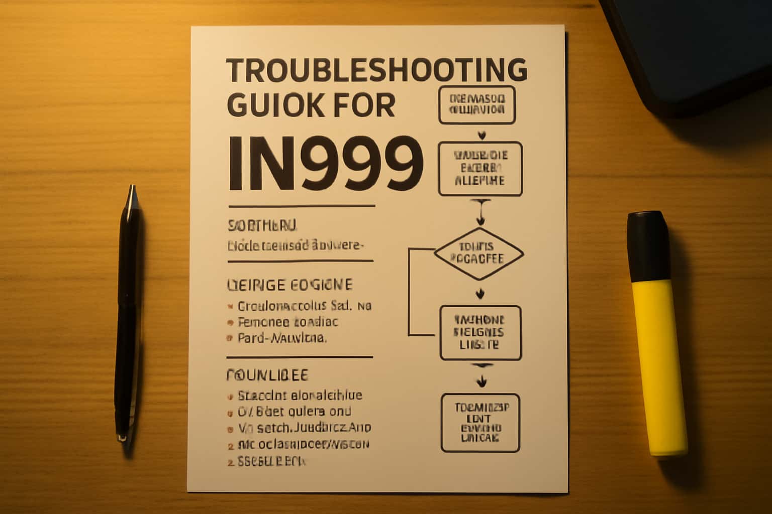 Visual representation of a troubleshooting guide for the IN999 app in a tech-themed environment.
